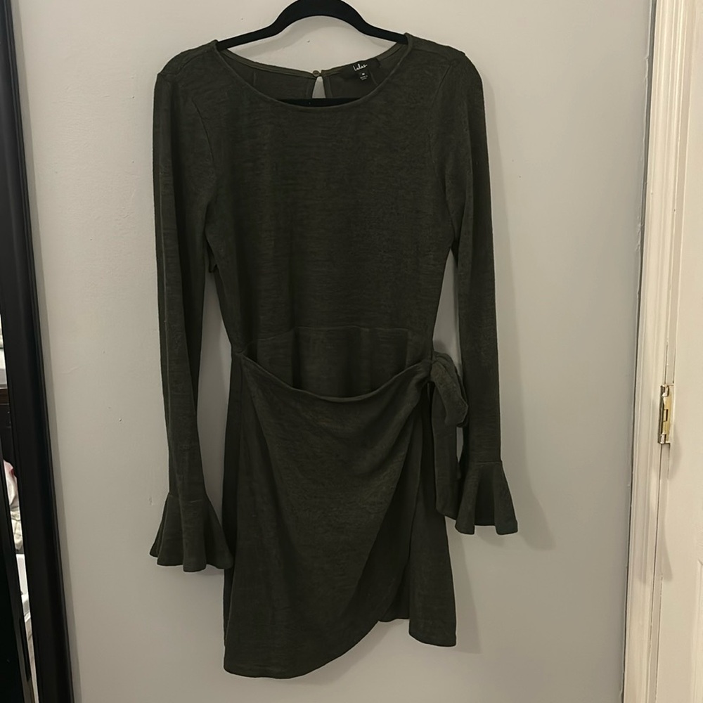 Lulu’s Olive Green Wrap Sweater Dress with Bell Sleeves